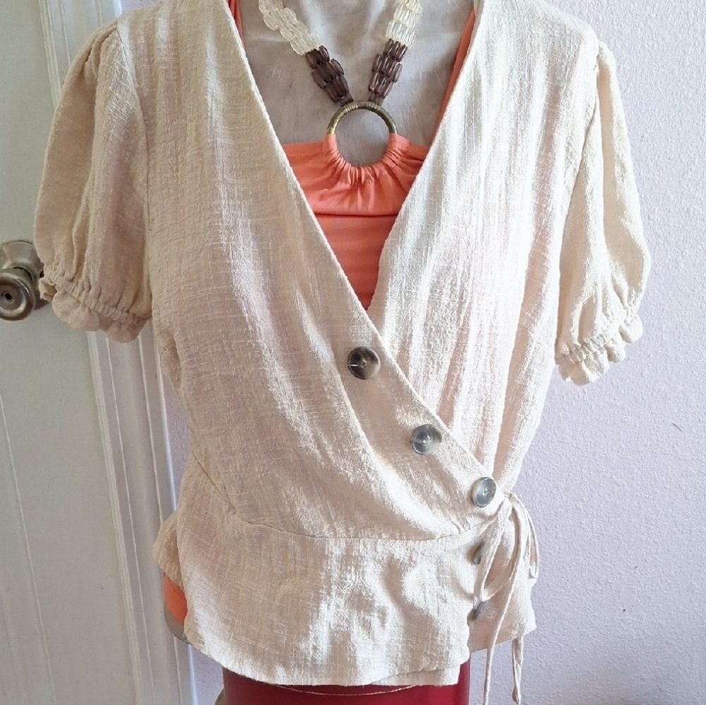 Love J Cream Wrap Blouse with Button Accents